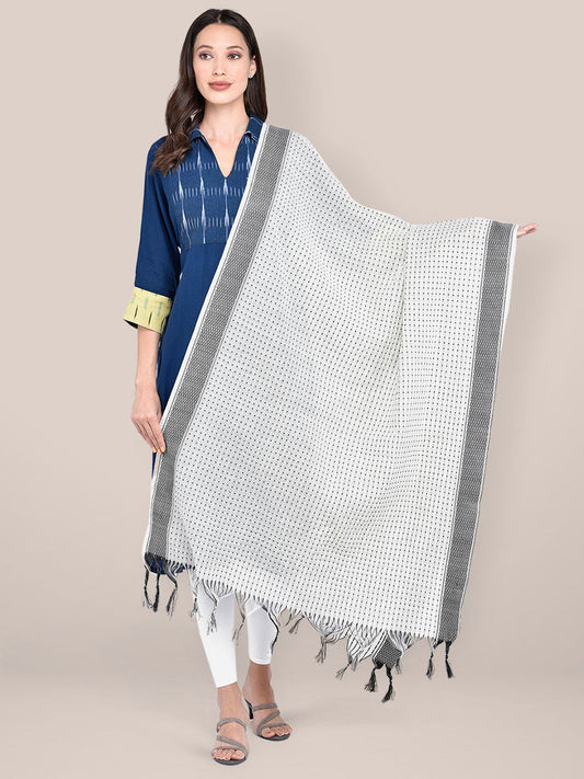 Woven White & Black Striped Cotton Chanderi Dupatta freeshipping - Dupatta Bazaar