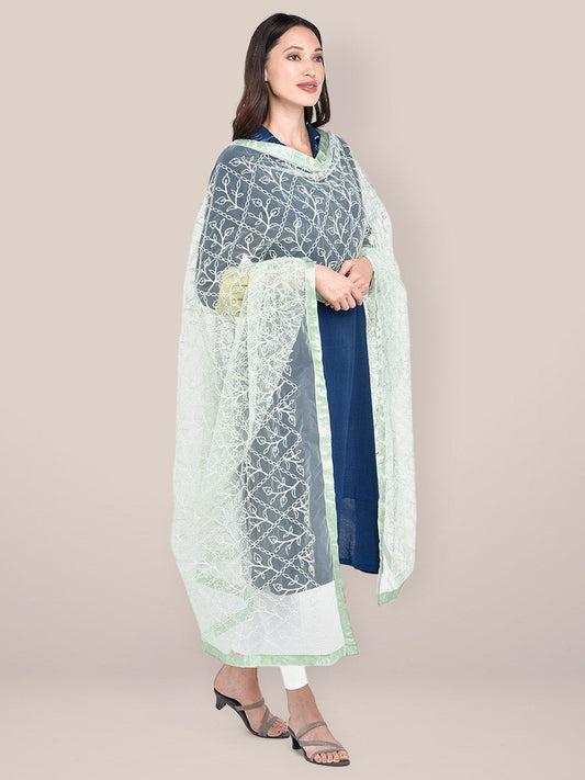 Women's Pista Green Embellished Net Dupatta freeshipping - Dupatta Bazaar