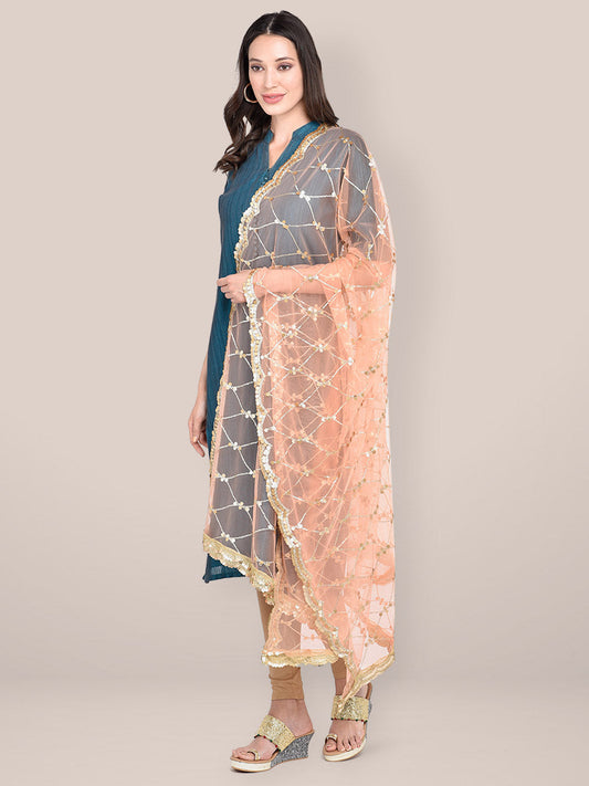Peach Embellished Net Dupatta with Scalloped Border freeshipping - Dupatta Bazaar