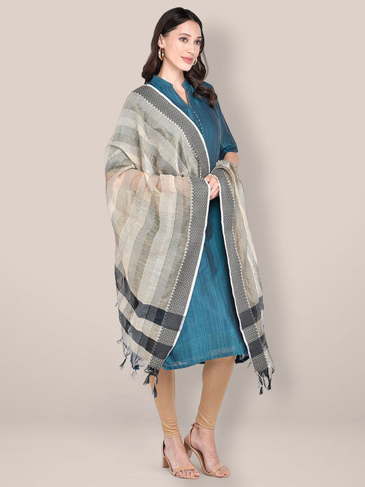 Women's Woven Beige & Black Cotton Chanderi Dupatta freeshipping - Dupatta Bazaar
