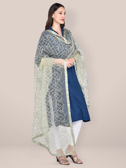 Women's Olive Green Embellished Net Dupatta freeshipping - Dupatta Bazaar