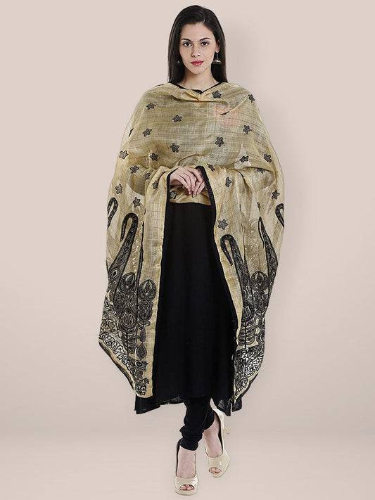 Beige & Black Cotton Silk Embroidered dupatta freeshipping - Dupatta Bazaar