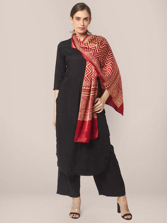 Ajrakh Hand Block Printed Red Mushru Stole freeshipping - Dupatta Bazaar