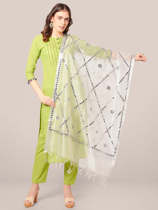 Silver Tissue Silk Dupatta with Mirror Work freeshipping - Dupatta Bazaar