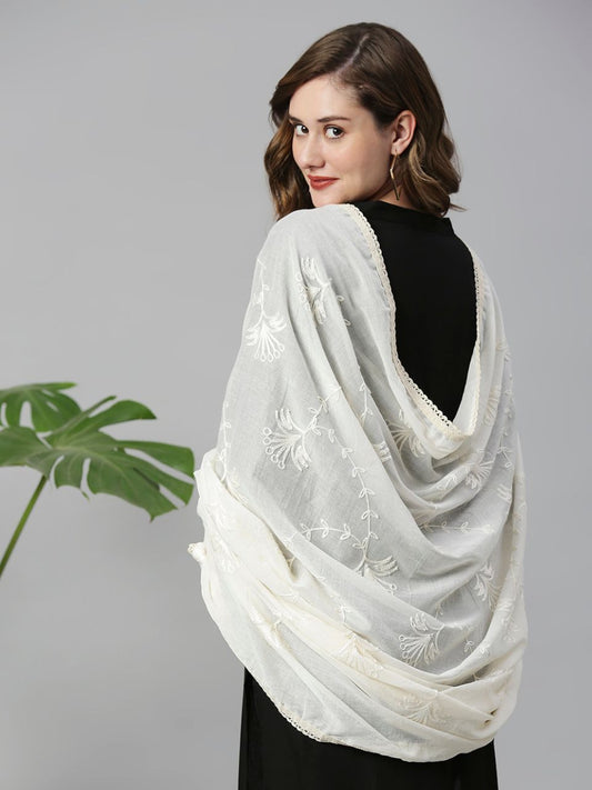 Off White Floral Embroidered Pure Cotton dupatta