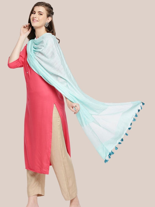 Light Blue Linen Dupatta with Organza Border and Tassels