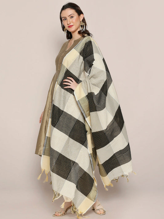 Cream & Black Checkered Dupatta with Polka dots freeshipping - Dupatta Bazaar