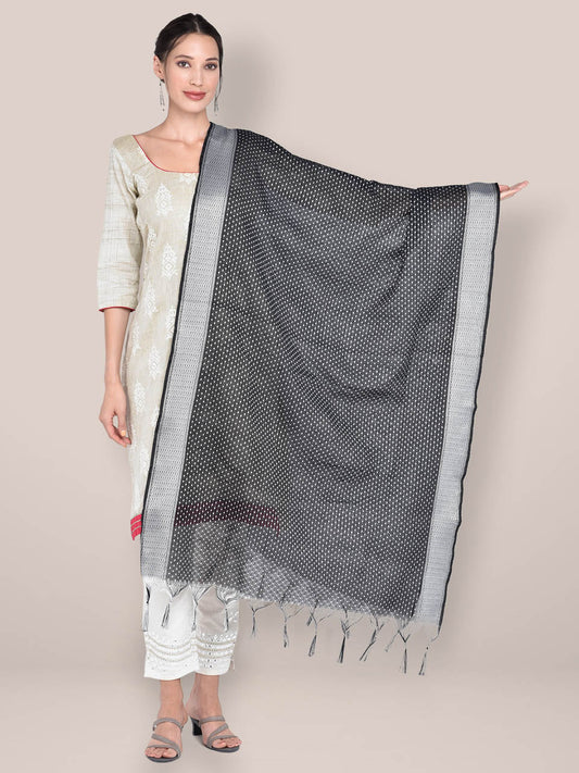 Woven Black & White Cotton Chanderi Dupatta freeshipping - Dupatta Bazaar