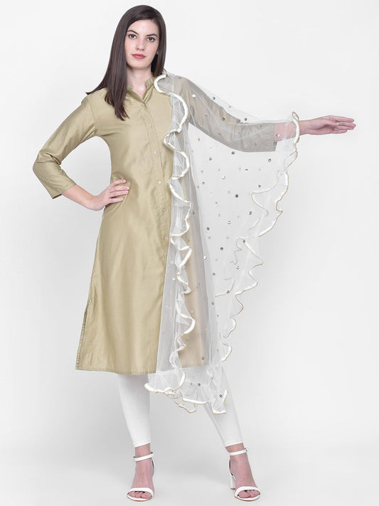 Dupatta Bazaar Woman's White & Gold Organza Dupatta with Ruffles - Dupatta Bazaar
