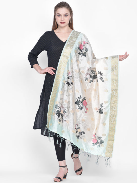 Dupatta Bazaar Woman's Sea Green & Cream Banarasi Dupatta with Digital Print. - Dupatta Bazaar