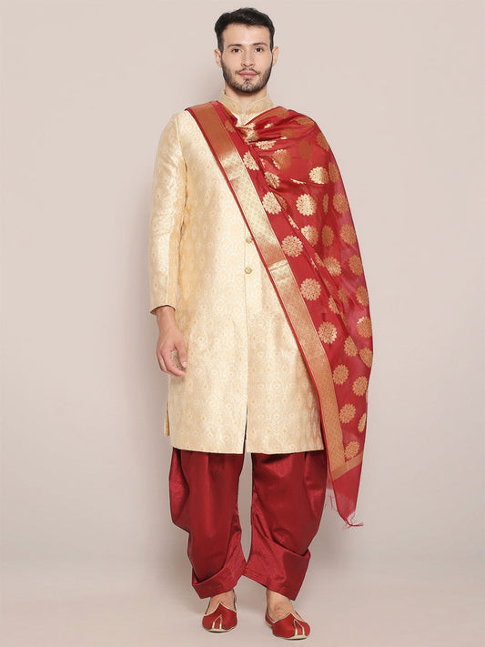 Men's Red Banarasi Silk Dupatta freeshipping - Dupatta Bazaar