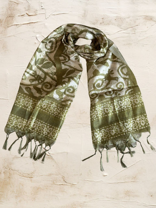 Olive Green Batik Printed Art Silk Stole/SCARF