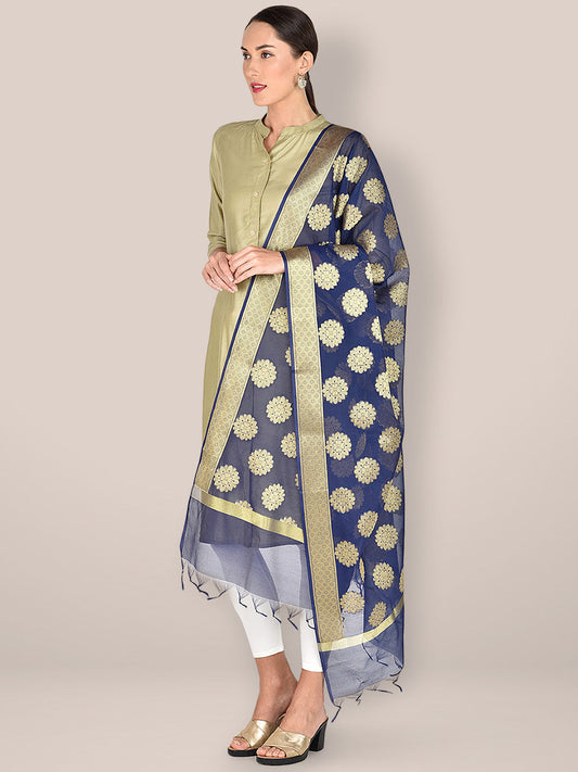 Navy Blue Banarasi Silk Dupatta. freeshipping - Dupatta Bazaar