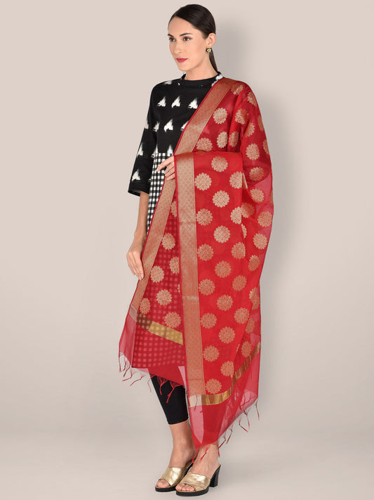Red Banarasi Silk Dupatta. freeshipping - Dupatta Bazaar