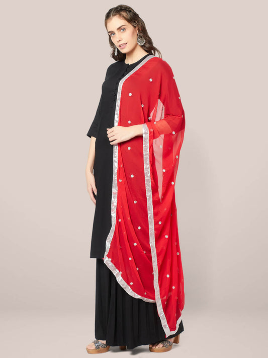 Red Chiffon Dupatta with Silver Embroidery freeshipping - Dupatta Bazaar
