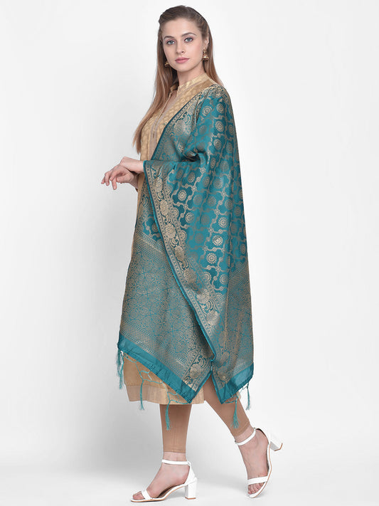 Dupatta Bazaar Woman's Rama Green Banarasi Silk Dupatta with floral design. - Dupatta Bazaar