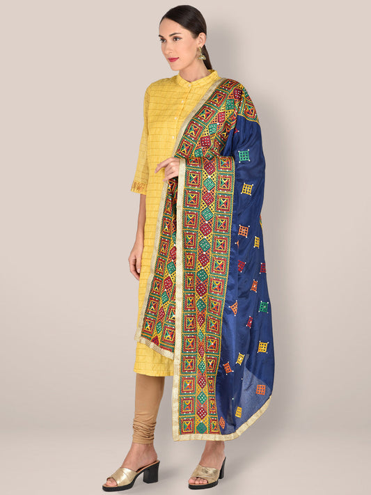 Phulkari Navy Blue & Multicoloured Pure Chinon Dupatta freeshipping - Dupatta Bazaar