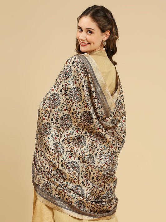 Beige Floral Printed Art Silk Dupatta