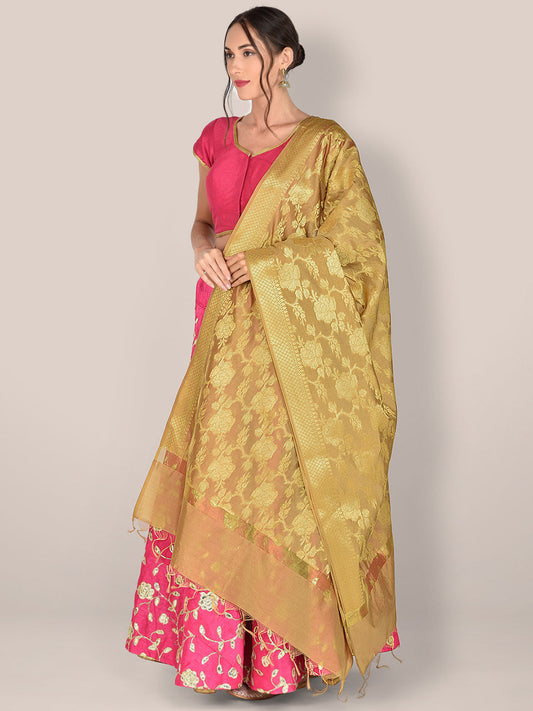 Banarasi Gold Silk Dupatta with Floral Jaal freeshipping - Dupatta Bazaar