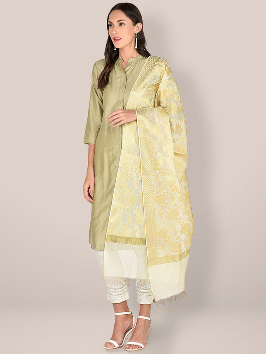 Banarasi Off White Silk Dupatta with Floral Jaal freeshipping - Dupatta Bazaar