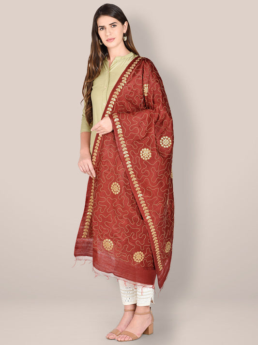 Embroidered Maroon Blended Silk Dupatta freeshipping - Dupatta Bazaar