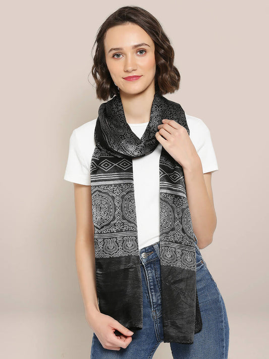 Ajrakh Hand Block Printed Black Mushru Stole