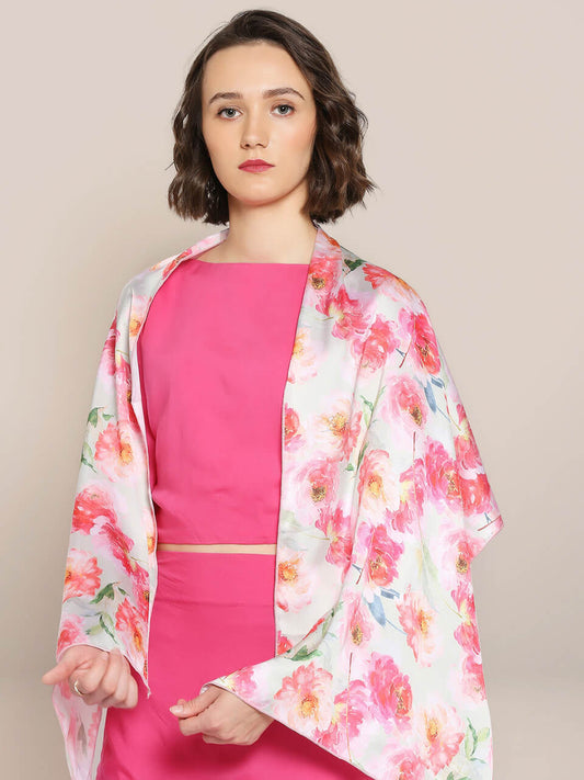 Pink & Multicolor Printed Satin Scarf