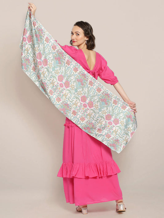 Light Gold & Multicolor Printed Satin Scarf