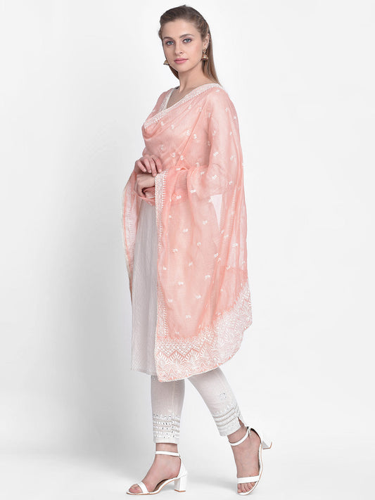 Dupatta Bazaar Woman's Embroidered Peach Super Net Dupatta. - Dupatta Bazaar