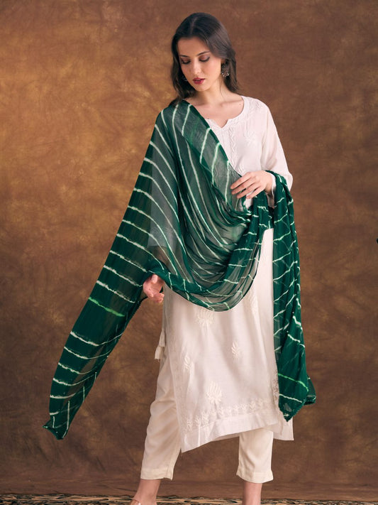 Bottle Green Leheria and White Chiffon Dupatta
