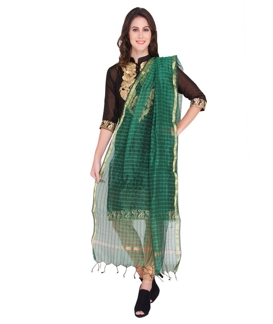 Green Silk Checkered Dupatta - Dupatta Bazaar