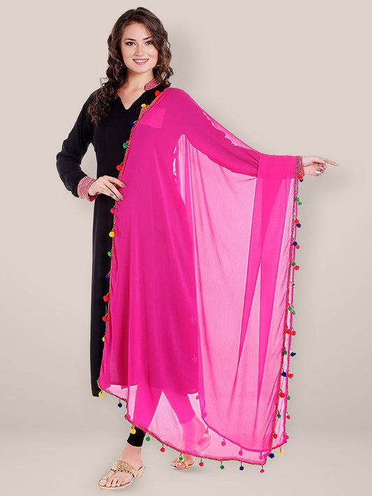 Pink Chiffon Dupatta with Multicoloured Pompom freeshipping - Dupatta Bazaar
