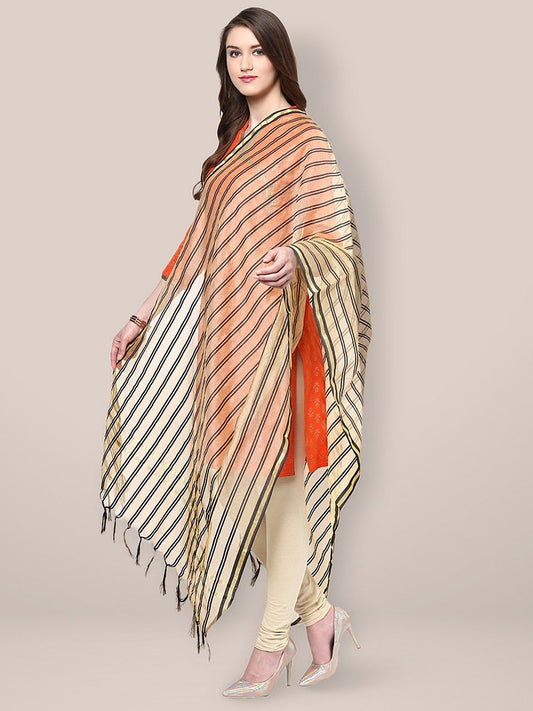 Beige Black Silk Striped Dupatta freeshipping - Dupatta Bazaar