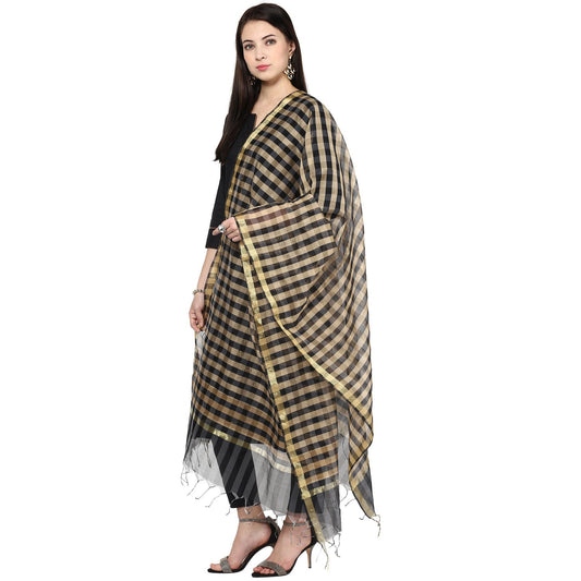 Dupatta Bazaar Women's Checkered Black & Gold Silk Dupatta - Dupatta Bazaar
