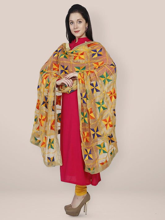 Beige Phulkari Chiffon Dupatta freeshipping - Dupatta Bazaar