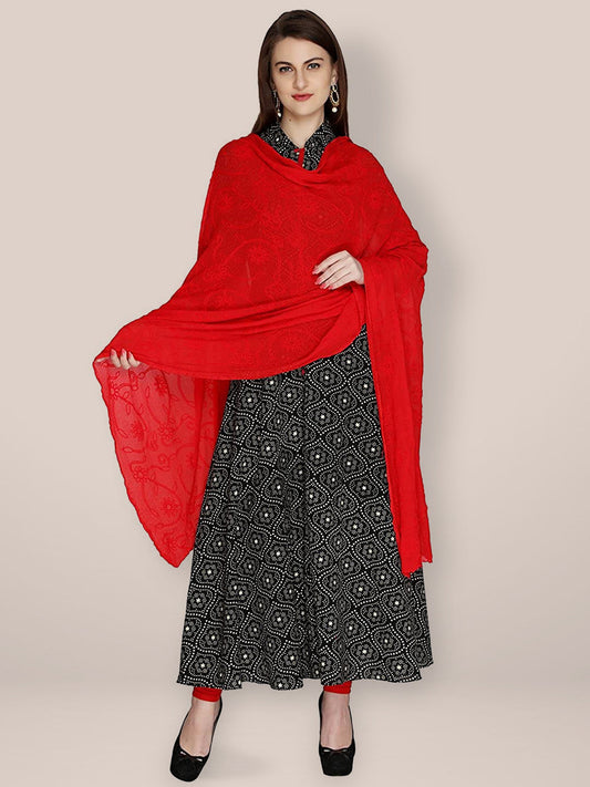 Red Chiffon Embrodiered Dupatta freeshipping - Dupatta Bazaar