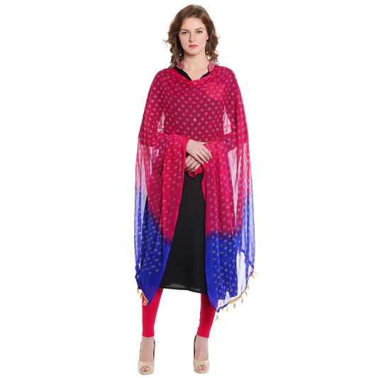 Dupatta Bazaar Women's Pink & Blue Chiffon Dupatta with Gold Print - Dupatta Bazaar