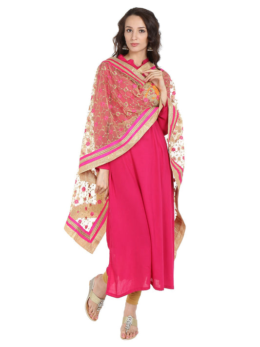 Dupatta Bazaar Women's Embroidered Gold & Pink Net Dupatta/Wedding Dupatta - Dupatta Bazaar