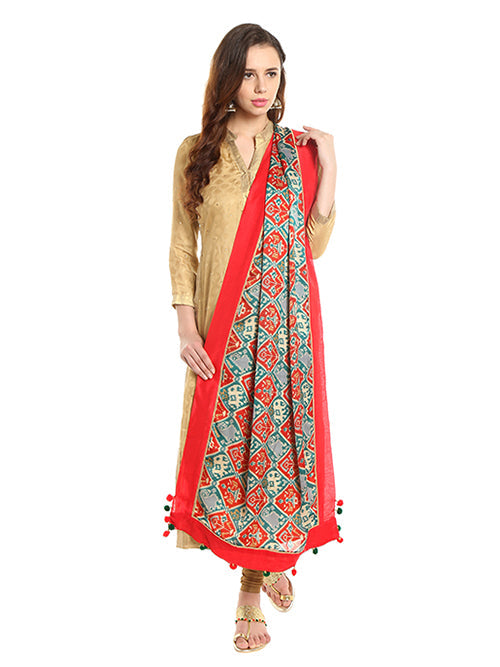 Dupatta Bazaar Woman's Satin Crepe Red & Green Ikat Print Dupatta - Dupatta Bazaar