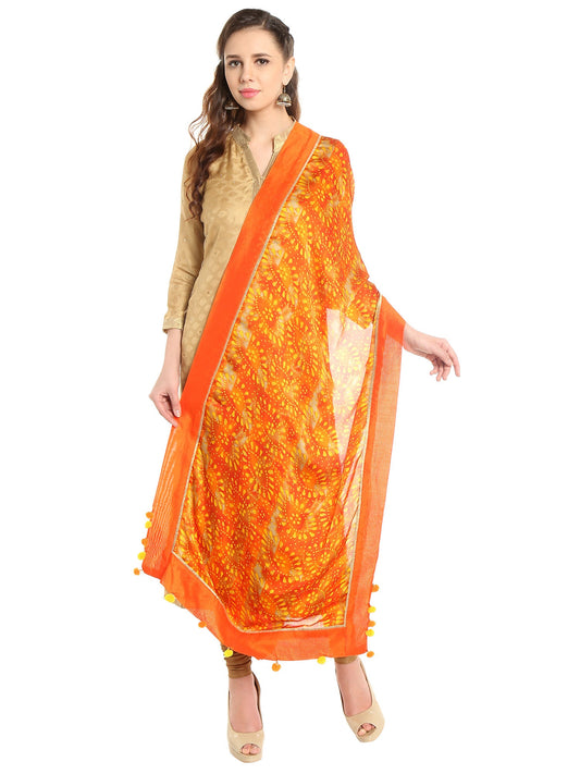 Dupatta Bazaar Woman's Satin Crepe Yellow and Orange Batik Print Dupatta - Dupatta Bazaar
