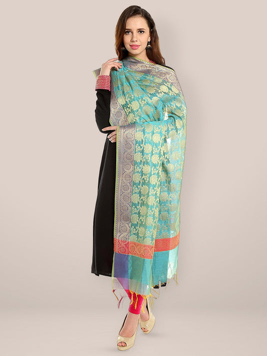 Aqua Blue & Gold Banarsi Silk Dupatta freeshipping - Dupatta Bazaar