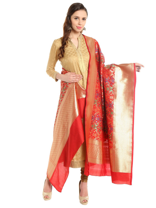 Dupatta Bazaar Women's Pure Benarasi Woven Katan Silk Red, Gold & Multicoloured dupatta - Dupatta Bazaar
