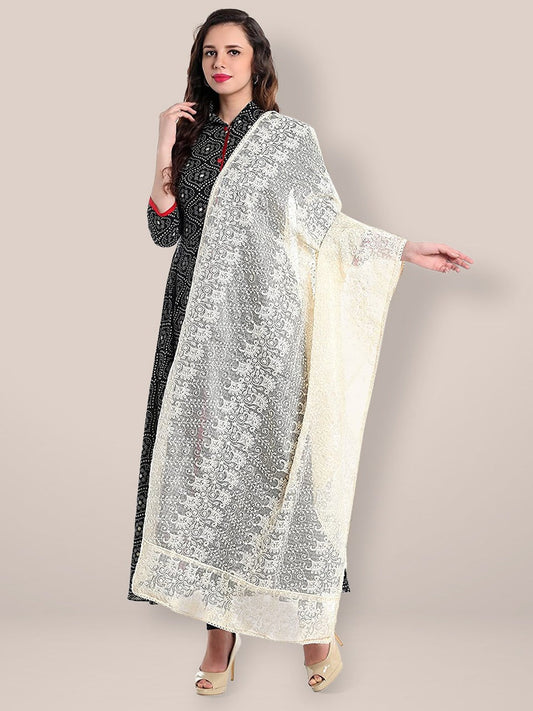 Off White Dupatta with Lucknowi Embroidery freeshipping - Dupatta Bazaar