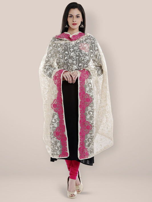 Ivory & Pink Cotton Embroidered Net Dupatta freeshipping - Dupatta Bazaar