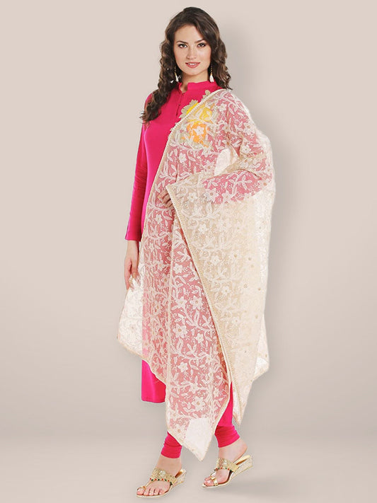 Ivory Cotton dupatta with Lucknowi Embroidery freeshipping - Dupatta Bazaar