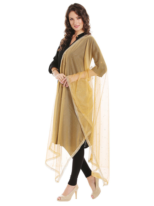 Dupatta Bazaar Women's Beige Net Dupatta with Gold Border - Dupatta Bazaar