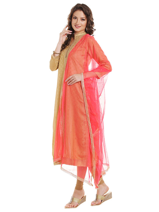Dupatta Bazaar Women's Peach Net Dupatta with Gold Border - Dupatta Bazaar