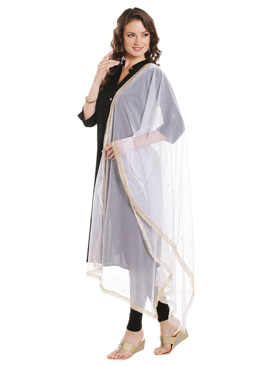 Dupatta Bazaar Women's White Net Dupatta with Gold Border - Dupatta Bazaar