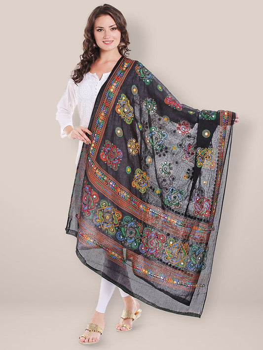 Black Printed Cotton Dupatta with Aari work. freeshipping - Dupatta Bazaar