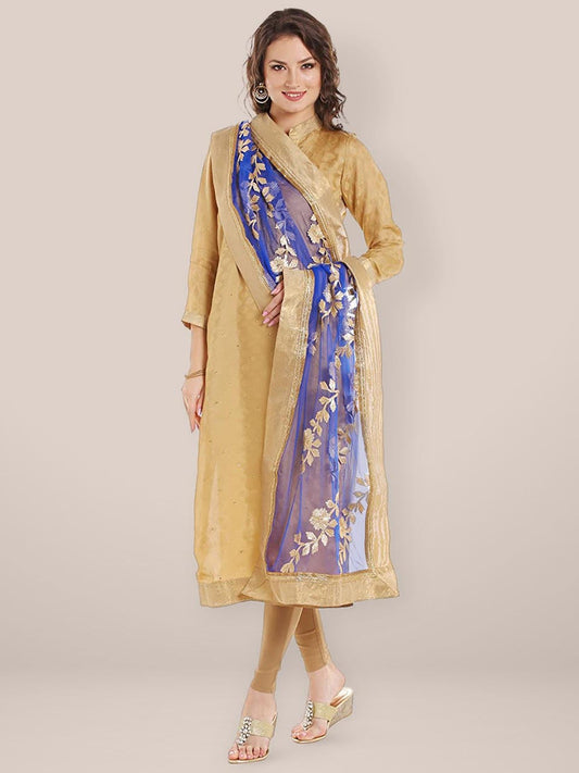 Blue Net Dupatta with Gold Gotta Work freeshipping - Dupatta Bazaar